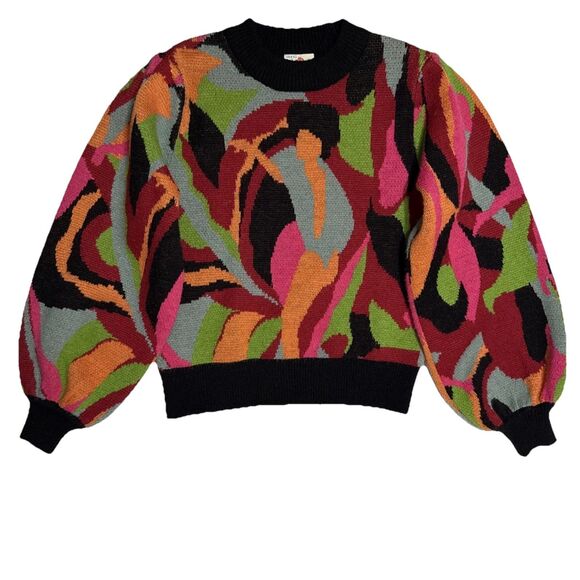 Farm Rio Small Sweater The Dance Multicolor Knit Balloon Sleeve Pullover Womens - Picture 2 of 8